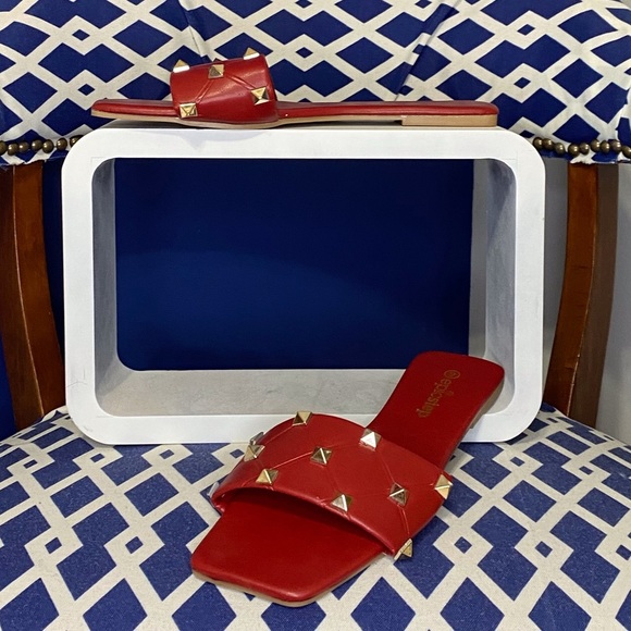 Red and gold studded flat studded slide sandals - Picture 2 of 5